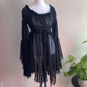 Sheer Black Long-Sleeve Ruffle Hem top with Waist Tie